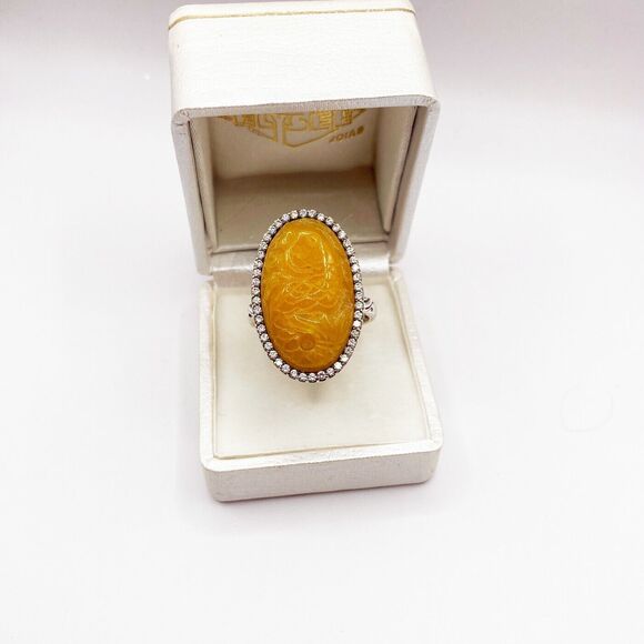 Vintage Chinese Large Carved Koi Fish Yellow Jade OvalCZ...